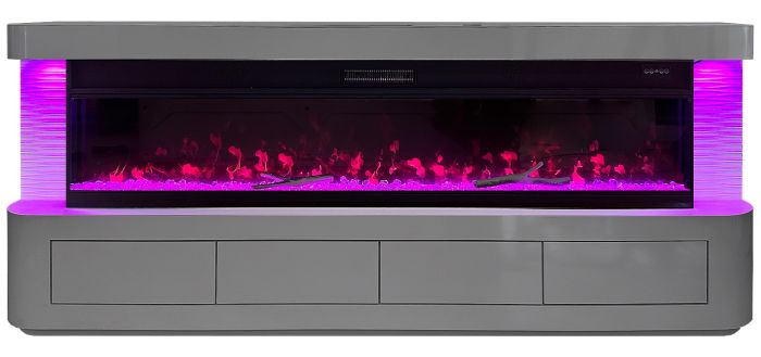 Meuble tv design avec cheminée artificielle intégrée en bois MDF et miroir gris L.200 x P.40 x H.70 cm collection RITA