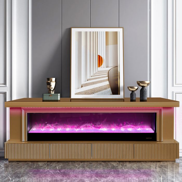 Meuble tv design avec cheminée artificielle intégrée en bois MDF et miroir bronze L.200 x P.40 x H.70 cm collection LOLA
