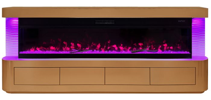 Meuble tv design avec cheminée artificielle intégrée en bois MDF et miroir bronze L.200 x P.40 x H.70 cm collection RITA