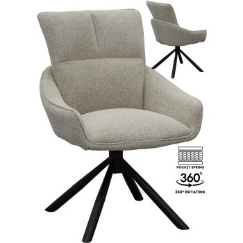 Chaise de salle à manger design rotatives à 360° revêtement en tissu gris avec piétement en acier noir avec des ressorts ensachés L.58 x P.62.5 x H.88.5 cm collection GRACE