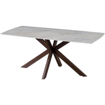 Table de salle à manger design plateau en céramique anti-griffe beige et pieds en métal effet noyer L.180 x P.90 x H.76 cm collection ONTARIO