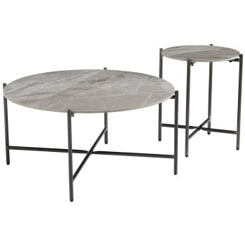 Table basse gigogne ronde design plateau en céramic et pieds en acier coloris Gris D.90/45 x H.45.5/55.5 cm collection SANTIAGO