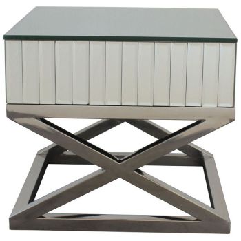 Table d’appoint ultra design piètement croisé en acier inoxydable poli et plateau en miroir L. 60 x P. 48 x H. 58 cm collection GALA