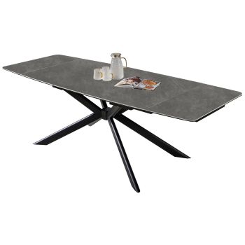 Table de salle à manger extensible design plateau en marbre artificiel gris et pieds en acier coloris Noir L.160-240 x P.90 x H.75 cm collection ALESHA