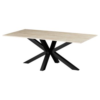 Table de salle à manger design plateau en Marbre artificiel et pieds en acier coloris beige et noir L.200 x P.100 x H.76 cm collection MARJA