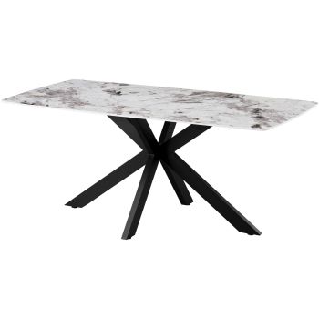 Table de salle à manger design plateau en céramique anti-griffe blanc et beige et pieds en métal noir L.180 x P.90 x H.76 cm collection ONTARIO