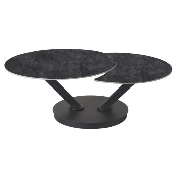 Table basse extensible design plateau en pierre frittée coloris gris foncé et pieds en acier coloris noir L.85-127 x P.85 x H.45 cm collection MANILA