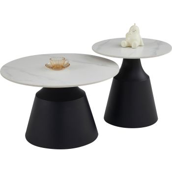 Table basse gigogne ronde design plateau en céramic blanc et pieds en acier noir D.70/50 x H.43/49 cm collection KATERINA