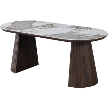 Table de salle à manger ovale design plateau en céramique travertin et pieds en MDF effet noyer L.200 x P.90 x H.76 cm collection MAYFAIR