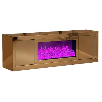 Meuble tv design avec cheminée artificielle intégrée en bois MDF et miroir bronze L.200 x P.40 x H.60 cm collection MAYA