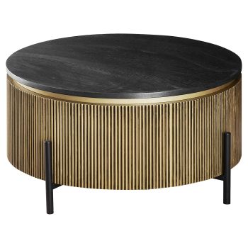 Table basse design plateau en MDF Veneer et pieds en acier coloris Noir et Doré D.90 x H.43 cm collection GUSTA