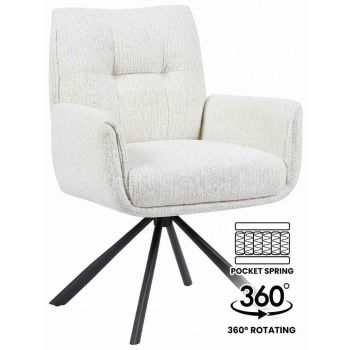 Chaise de salle à manger design rotatives à 360° revêtement en tissu beige et pieds en acier noir avec des ressorts ensachés L 62 x P 66 x H 90 cm collection SUZY