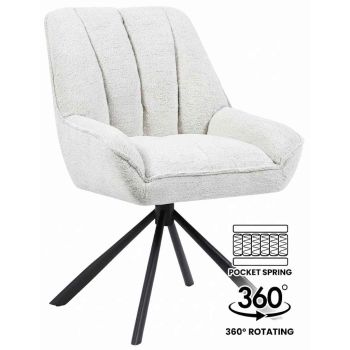 Chaise de salle à manger design rotatives à 360° revêtement en tissu beige et pieds en acier noir avec des ressorts ensachés L 62 x P 64 x H 84.5 cm collection YUNA
