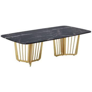 Table basse design avec plateau en marbre artificiel noir et piétement en acier doré L. 140 x P. 72 x H. 45 cm collection FASTRO