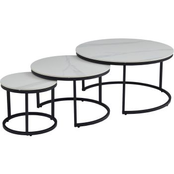 Table basse gigogne ronde design plateau en céramic et pieds en acier coloris Blanc D.80/60/40 x H.42.5/38.5/34.5 cm collection MARTA