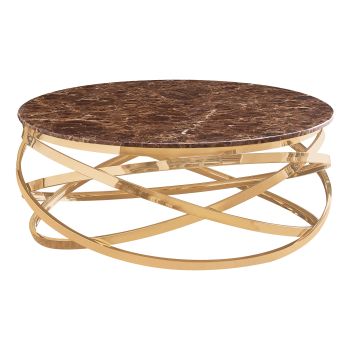 Table basse design rond avec piètement en acier inoxydable poli doré et plateau en marbre artificiel marron L. 100 x H. 43 cm collection ENRICO