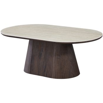 Table basse ovale design plateau en céramique travertin et pieds en MDF effet noyer L.130 x P.70 x H.45 cm collection SOHO