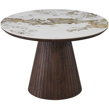 Table de salle à manger ronde design plateau en céramique travertin et pieds en MDF effet noyer D.120 x H.76 cm collection MAYFAIR